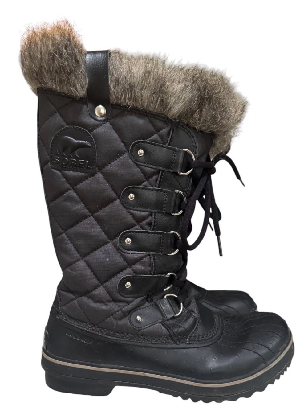 Sorel Women's Tofino II Black Quilted Lace-Up Winter Boot with Faux Fur Trim - 9